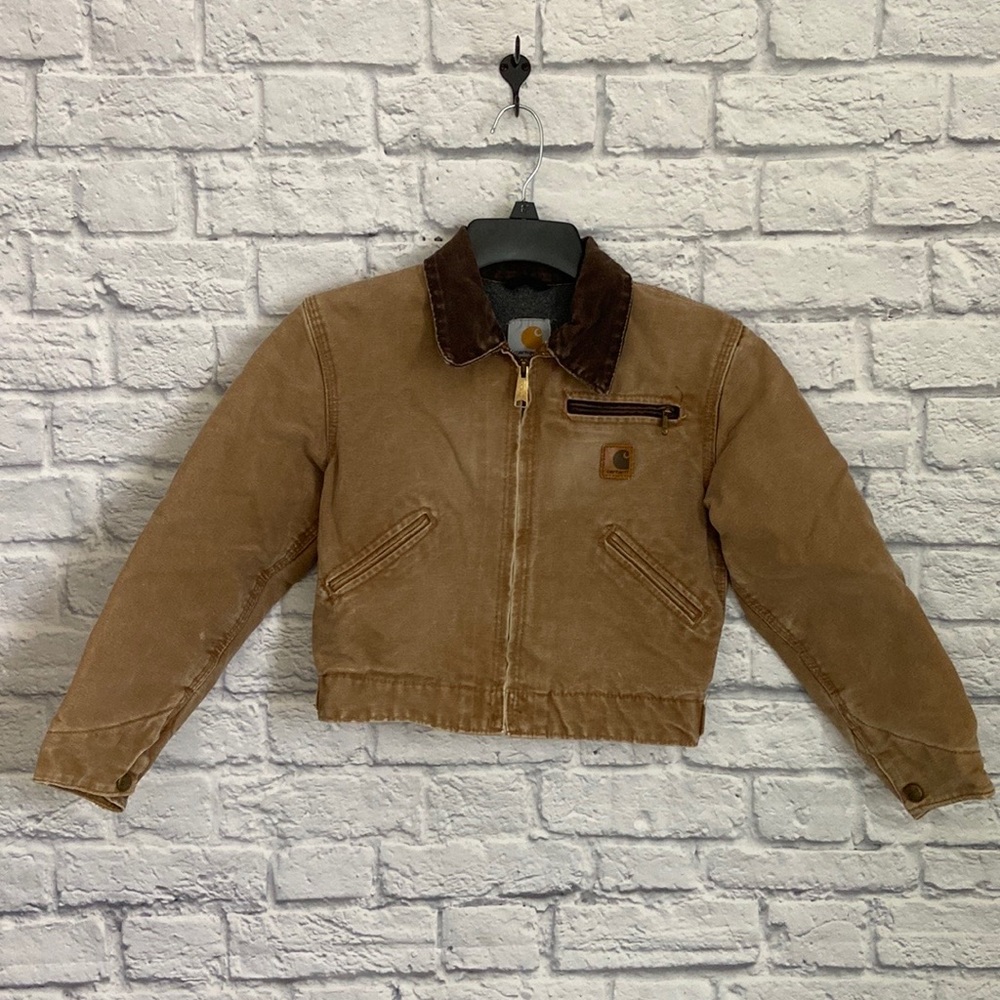 Boy's Vintage Carhartt Brown Canvas Zip Up Fleece Lined Jacket size Medium 8